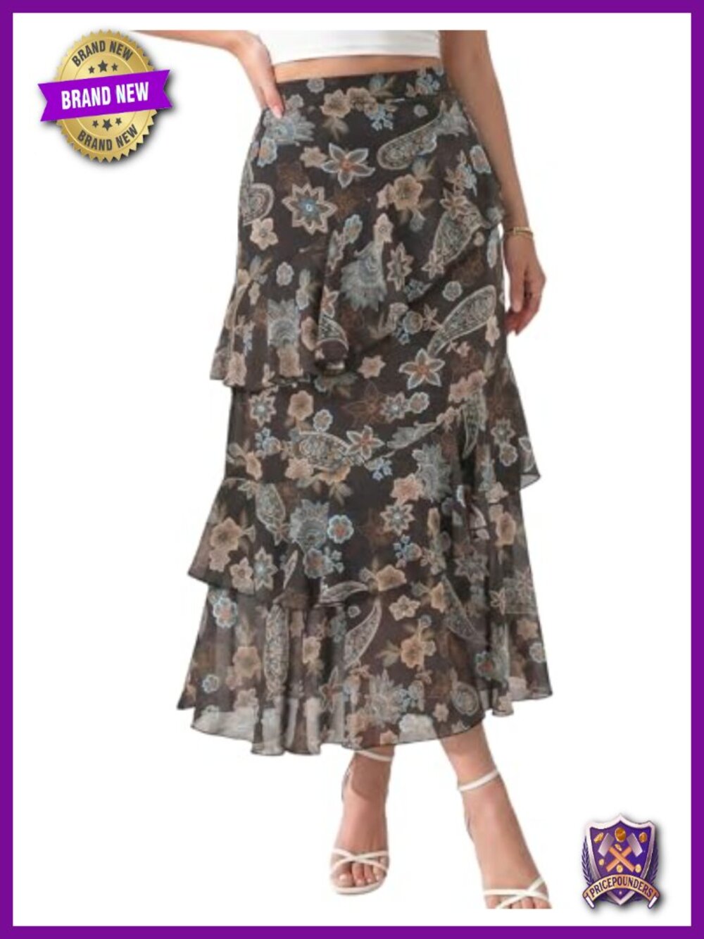 Women's Boho Floral Midi Skirt A Line Tiered Ruffle Chiffon Long Skirt
